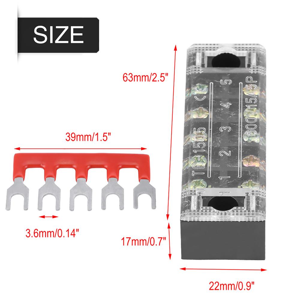 5pcs Dual Row 5 Positions 600V 15A Screw Terminal Block+10 Pre Insulated Terminal Barrier Strip