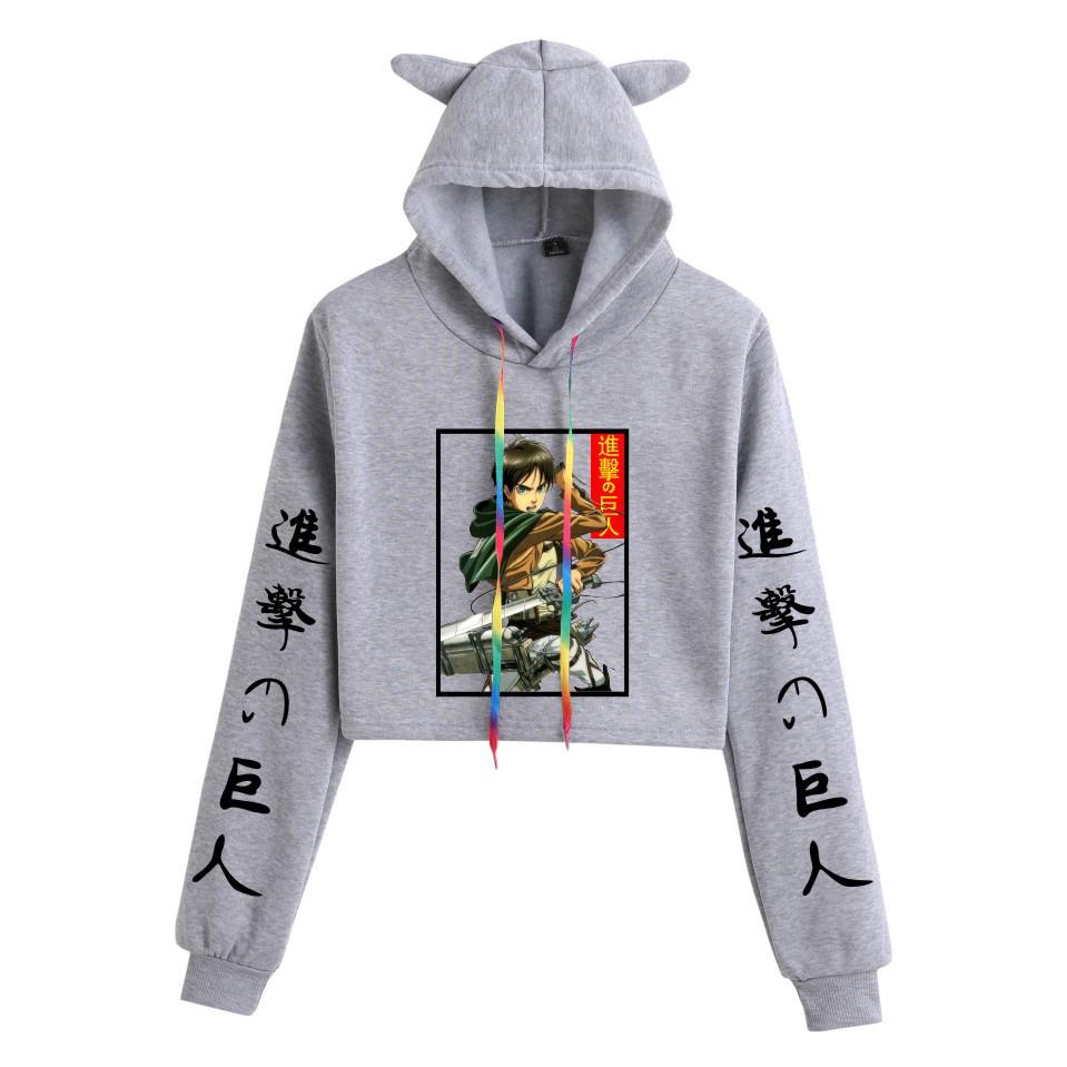 2021 Attack on Titan Anime Print Crop Top Hoodie with Cat Ears for Girls
