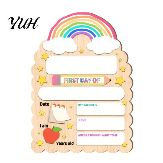 Wooden Message Board for Classroom First Day of School Board, Reusable Erasable Chalkboard Design, Desktop Plate Kids Stable Base Photo Prop