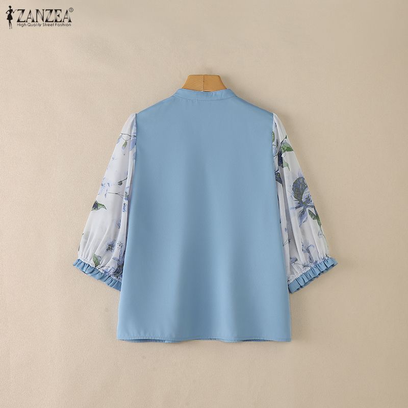 ZANZEA Damen Casual Stehkragen Print Patchwork 3/4 Ärmel Bluse
