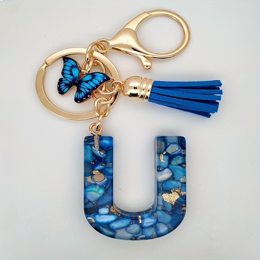 1pc Custom Blue Alphabet Letter Keychain with Butterfly Pendant Resin Ladies Key Ring with Tassel - Elegant Accessory for Bags Backpacks