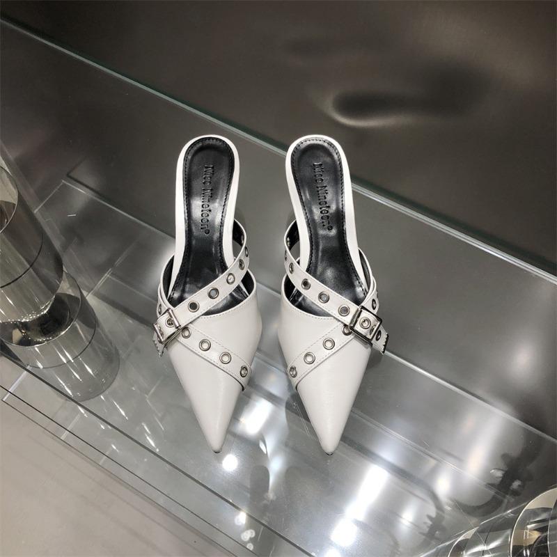 Footwear Baotou Pointed Half Slippers Female External Wear Medium Heels Pumps 2025 Fashion New Ankle Buckle 4cm Follow