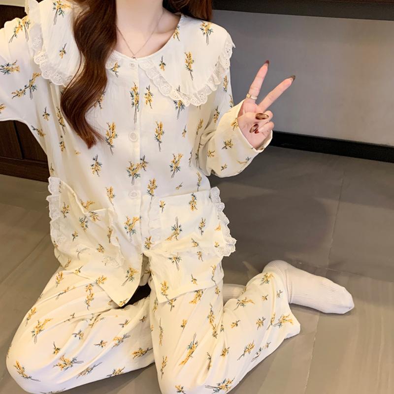 Romantic Flower Spring Cloud Cotton Long Sleeve Pajamas Women'S Doll Collar Set Comfortable Loungewear