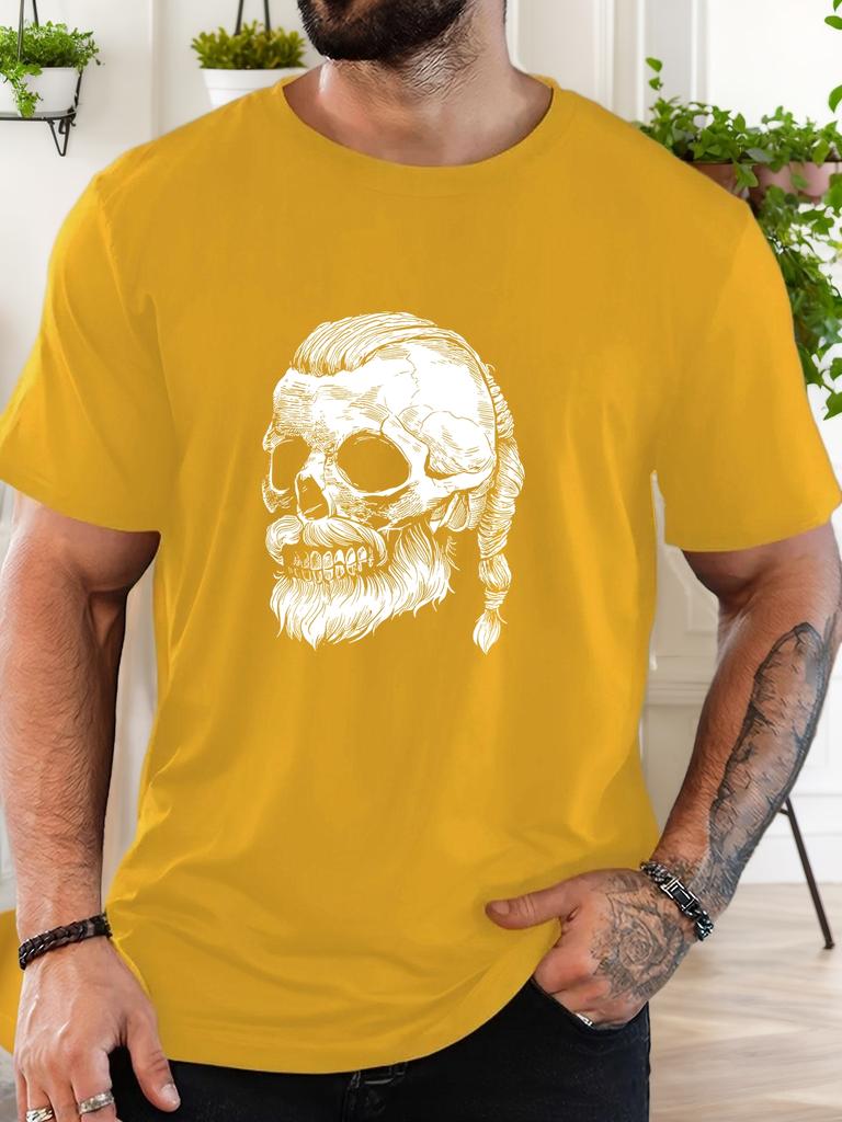 Unisex Black Crew Neck Tee Viking Beard Braid Skull Sketch Retro Gothic Graphic Soft Cotton Casual Male Short Sleeve Tops