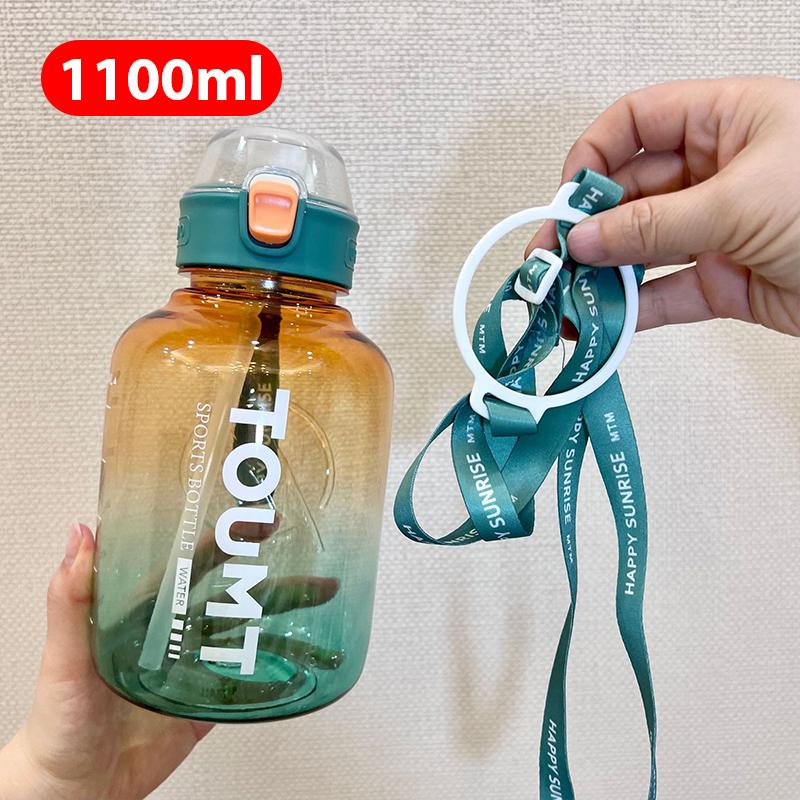 

1100ml Water Bottle Outdoor Big Belly Cup High-Value and Convenient Cross-Body Strap Plastic Straw Cup Large-Capacity Water Cup