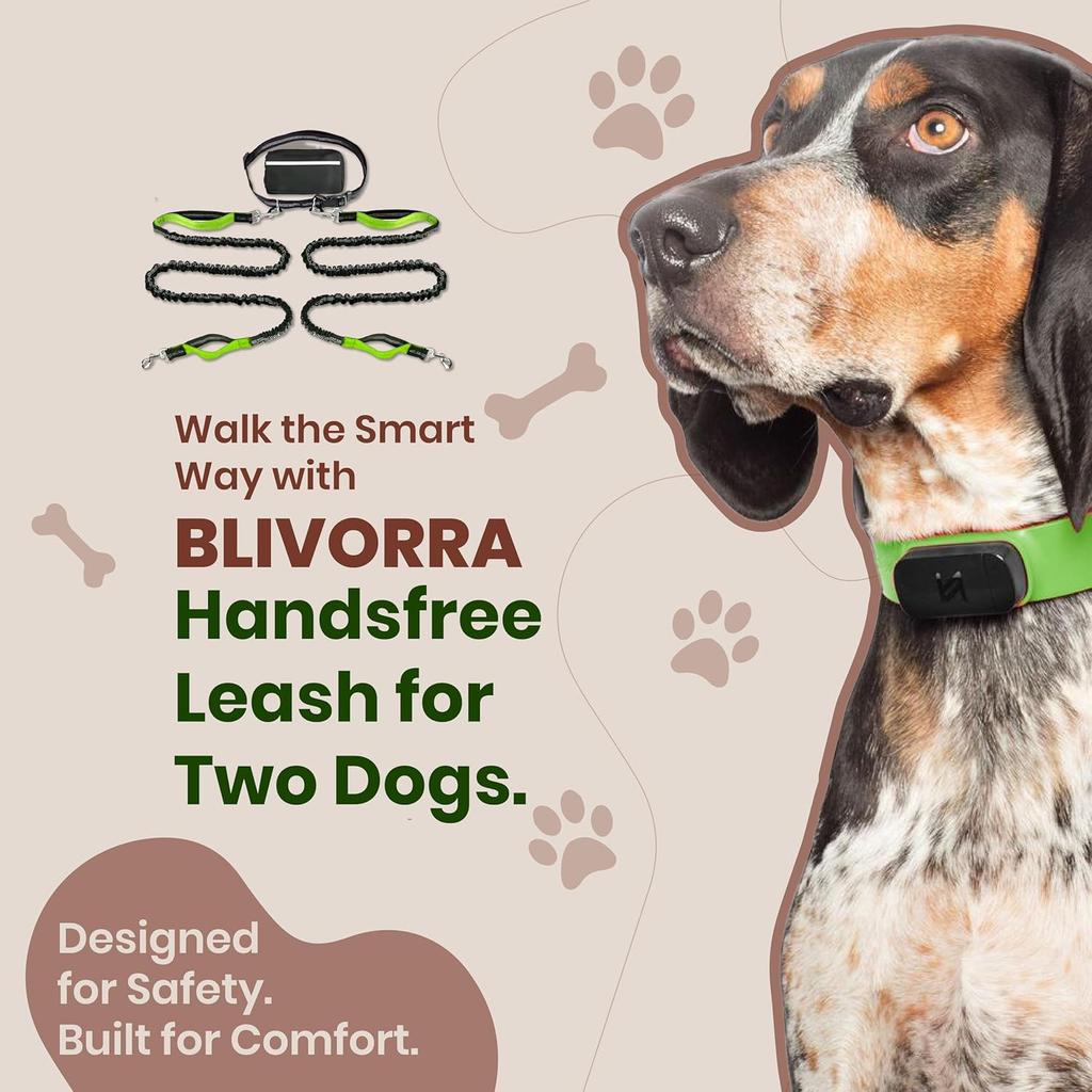 BLIVORRA-Hands-Free Dog Leash for 2 Dogs – Dual Bungee with Waist Belt, Pouch & Padded Handles – Tangle-Free, Shock Absorbing Leash for Walking,