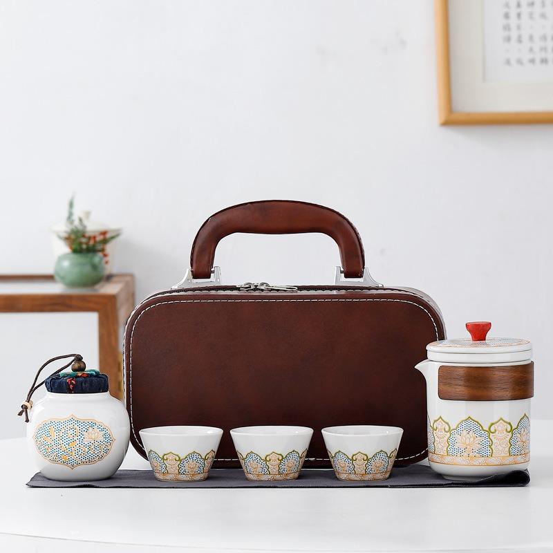 Portable Travel Tea Set, Ceramic Teapot & Cups with Storage Bag for Outdoor & Gift