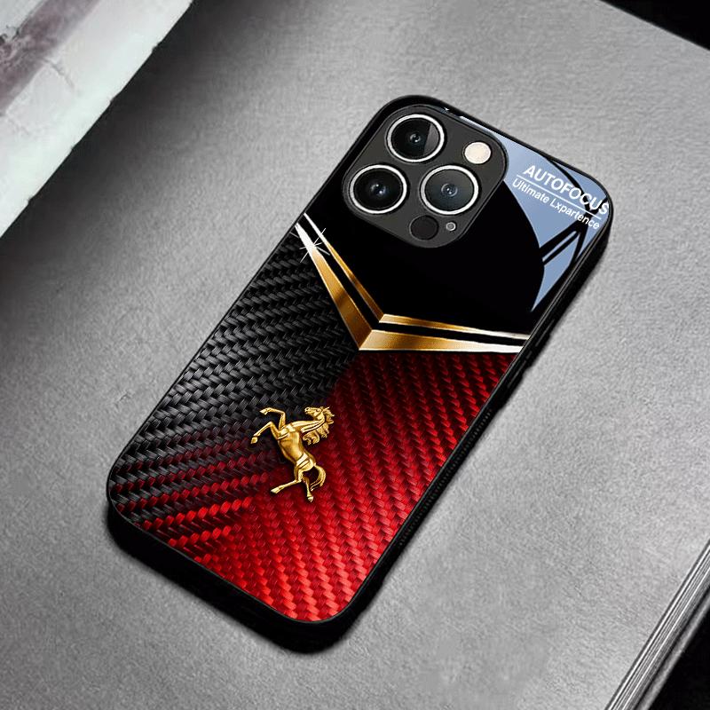 Goldenes Pferd Schwarz und Rot Glas Handyhülle Geeignet für iPhone 17 16 15 14 13 12 11 Pro/Max/Plus Sturzfest und Stoßfest
