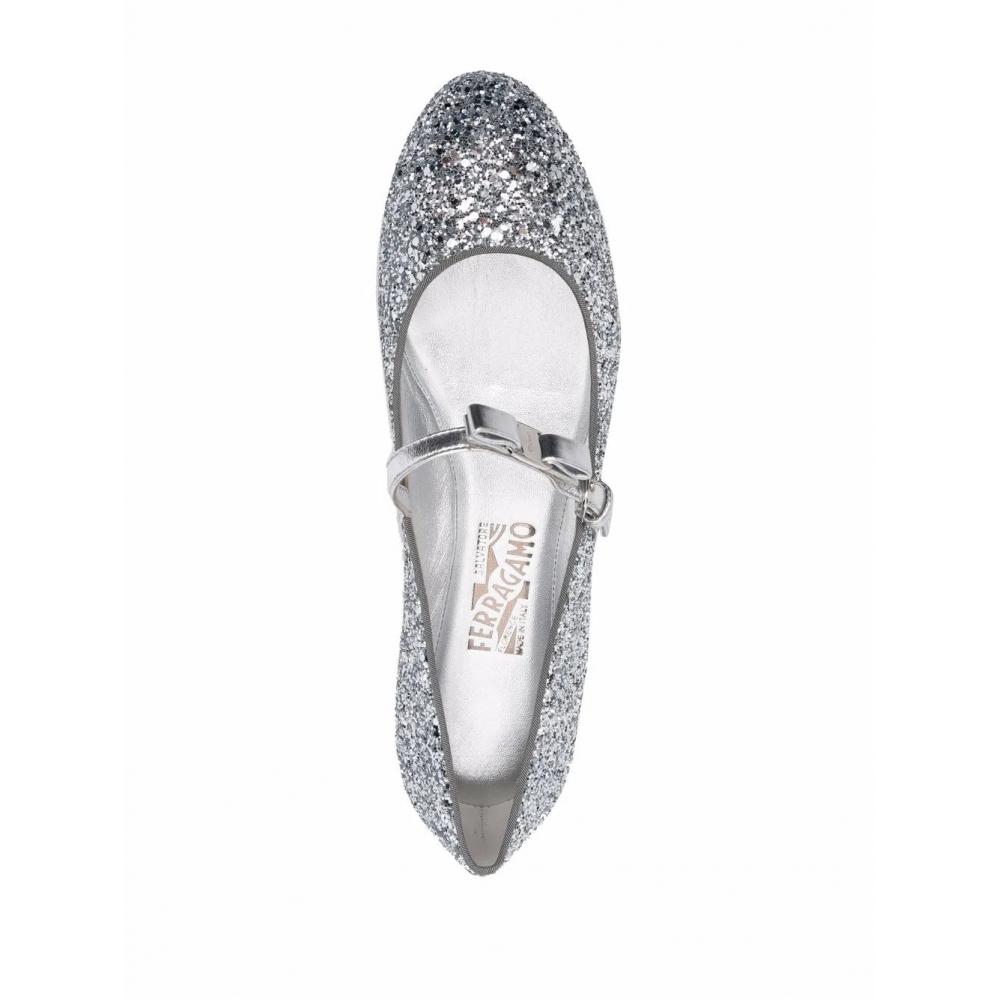 Salvatore Ferragamo Ferragamo Bow Detail Glitter Ballerina Shoes Silver