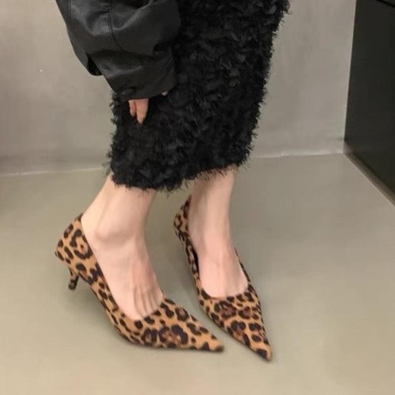 Women's Pumps Leopard Boat Shoes Pointed Toe Slip On Dress Shoes Black Faux Suede Mid Heels Stilettos Female Spring Autumn