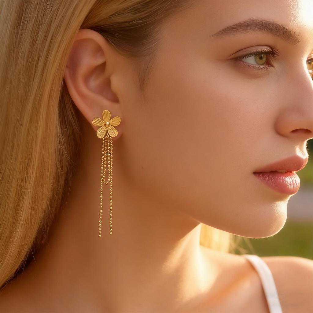 Exquisite Stainless Steel Flower Long Tassel Drop Earrings for Women Gold Plated Trendy Hypoallergenic Piercing Jewelry Gifts
