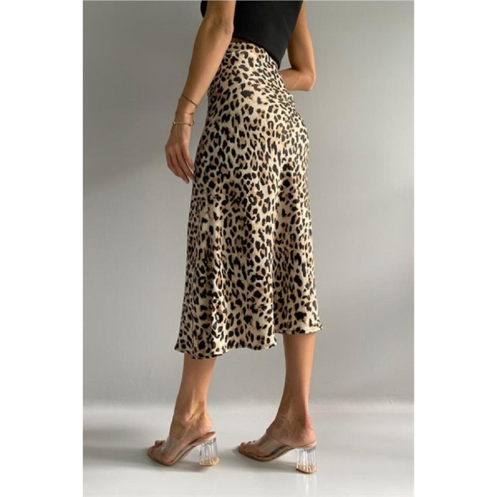 Leopard Pattern Satin Midi Length Brown Skirt