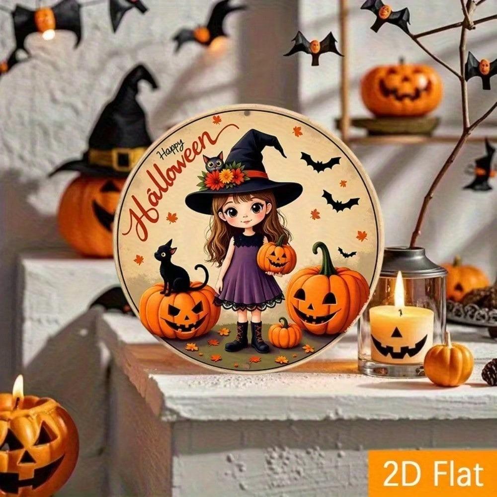 Vintage Halloween Witch Aluminum Round Wall Sign, Black Cat Pumpkins Bats Gothic Metal Art Decor