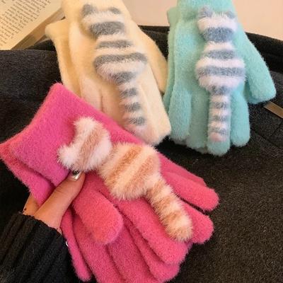 Simpatico Gatto a Righe con Guanti di Lana Lavorata a Maglia per Donna In Inverno Calore Ispessito e Protezione dal Freddo per Studenti Ciclismo