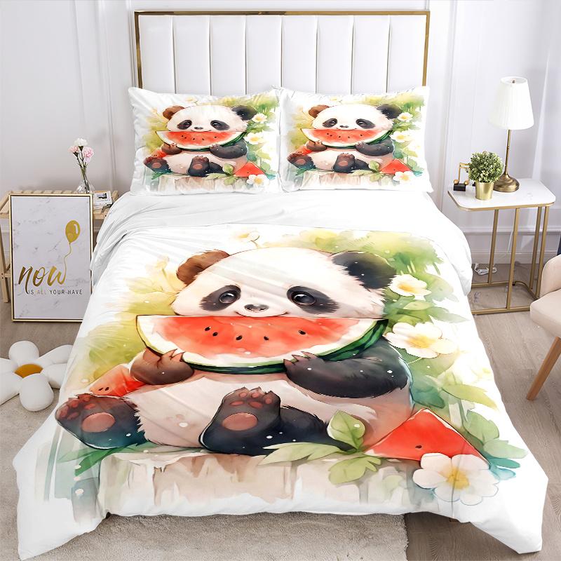 3pcs Panda Eating Watermelon Quilt Cover Set (1 Quilt Cover + 2 Pillowcases Without Pillow Core), High-Definition Printing for Home and Dormitory