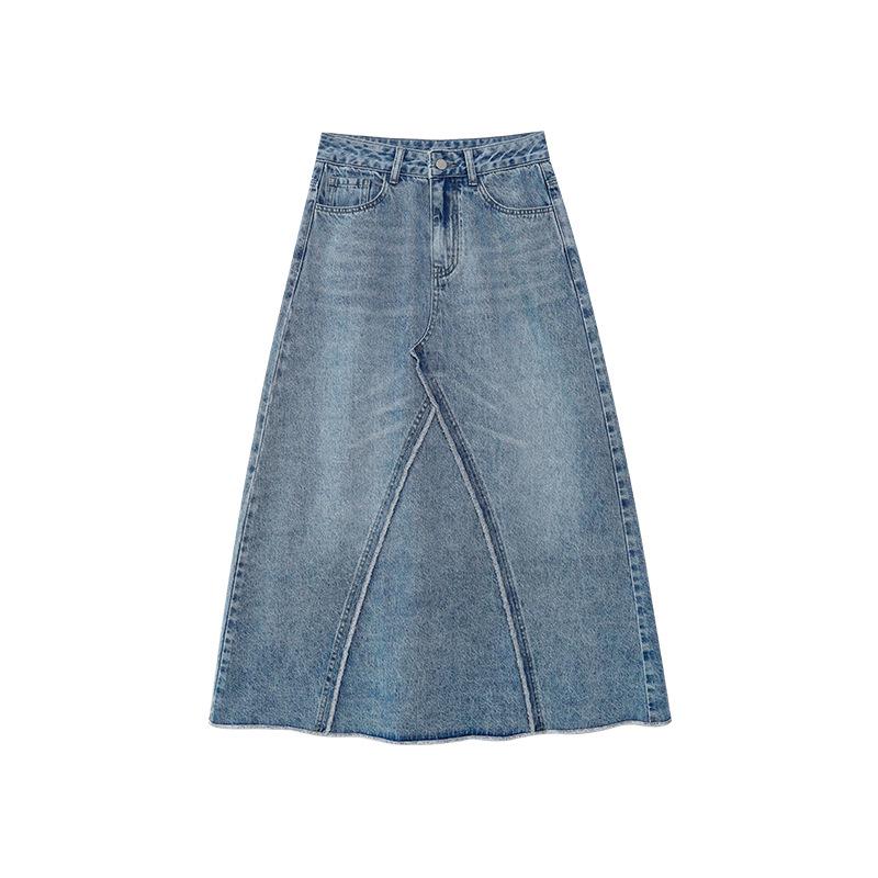 Introducing the "NEWOPEN 2025 Retro Washed Patchwork High Waist Denim Midi Skirt S5097" – a Stylish Summer Staple for a Slimming Vintage Look.