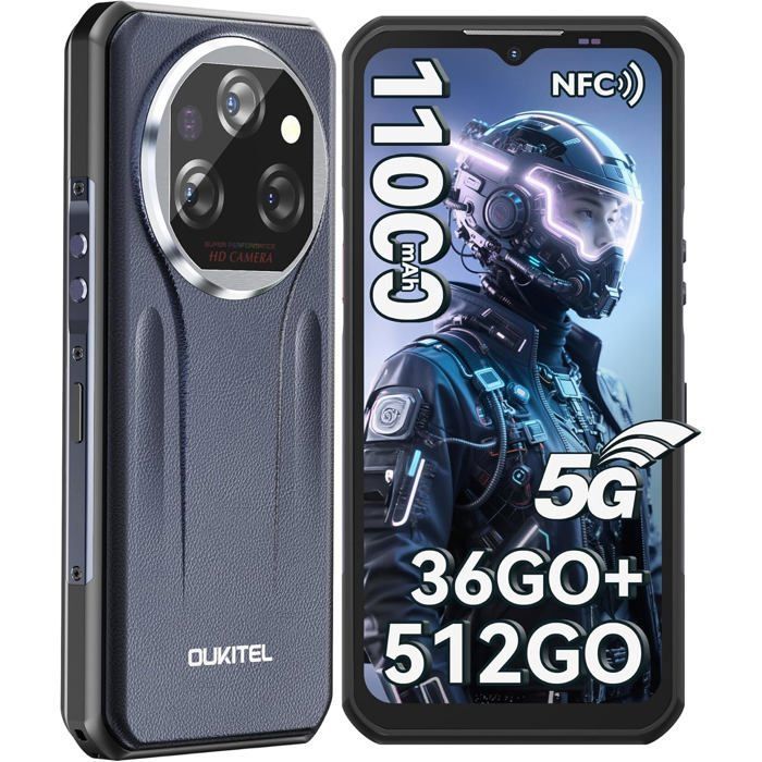 OUKITEL WP39 Pro Smartphone Robuste 5G 36Go+512Go 6.6" FHD+ 11000mAhh 64MP Telephone Incassable Android 14 Dual SIM/NFC/GPS - Gris