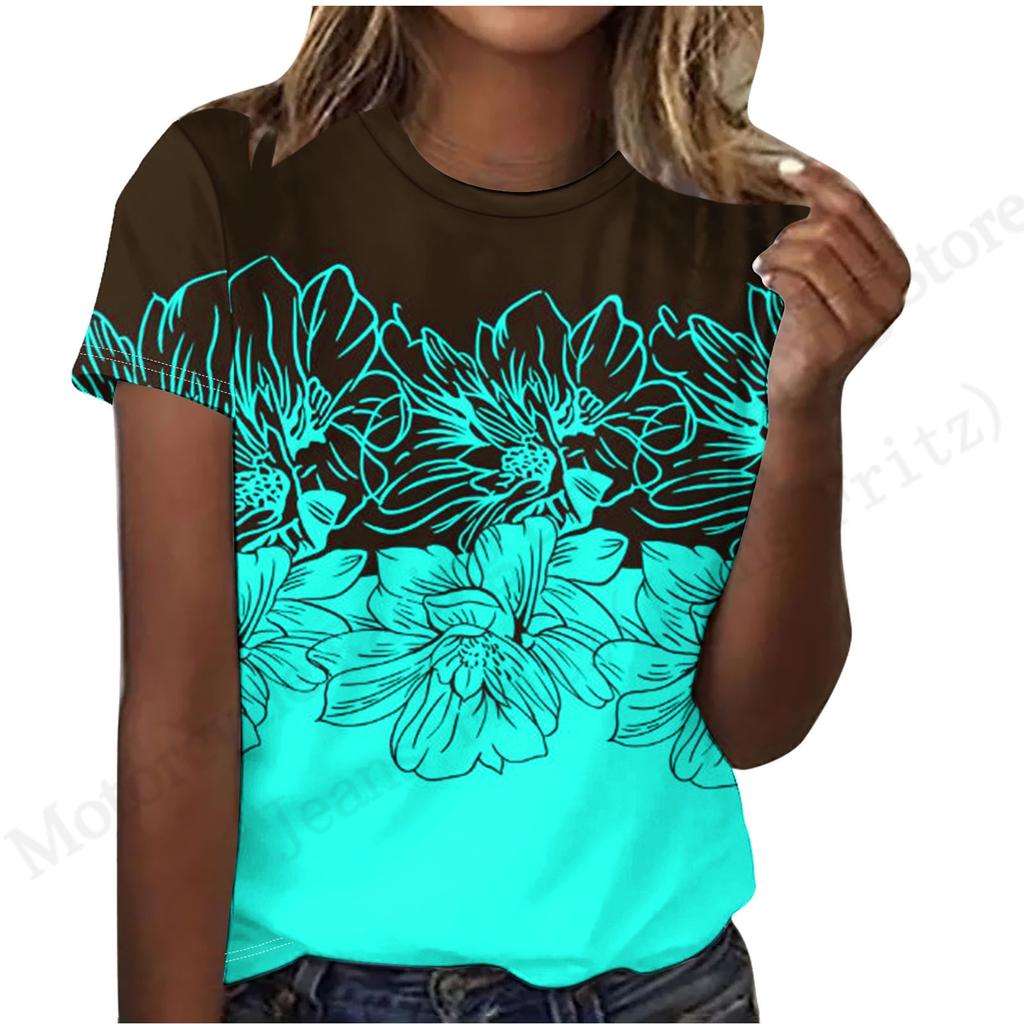 Floral Plants Vintage 3D Print Graphic T-shirt Women Fashion Casual O-Neck Oversized Short Sleeve T Shirt Striped Tops Tees Lady
