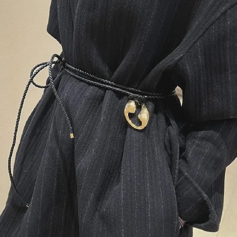 Niche Gold Metal Braided Leather Waist Chain - Simple Fashion for Autumn/Winter Coats