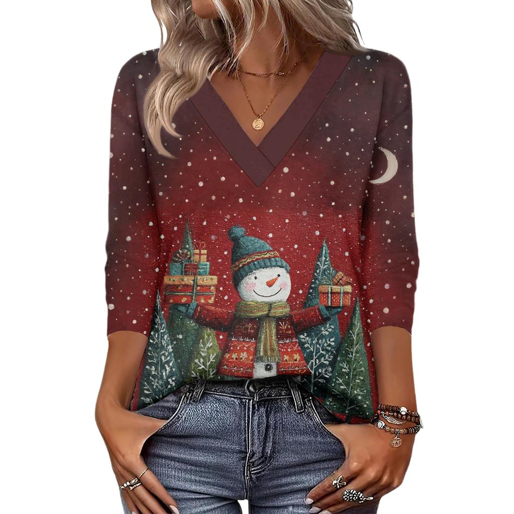 Women's Loose Comfortable Casual Fashion V-Neck Christmas Print 3/4 Sleeve Top