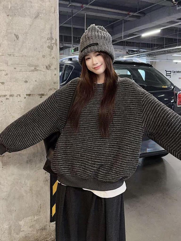 Damen Retro Gestreiftes Rundhals Langarm Sweatshirt - 2025 Koreanischer Stil Lockerer Schnitt Herbst/Winter Trend
