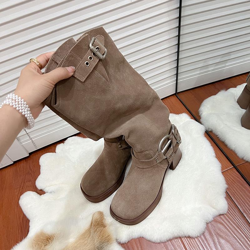 2025 new belt buckle boots women's thick heel high heel stacking boots European and American western cowboy boots frosted knight boots
