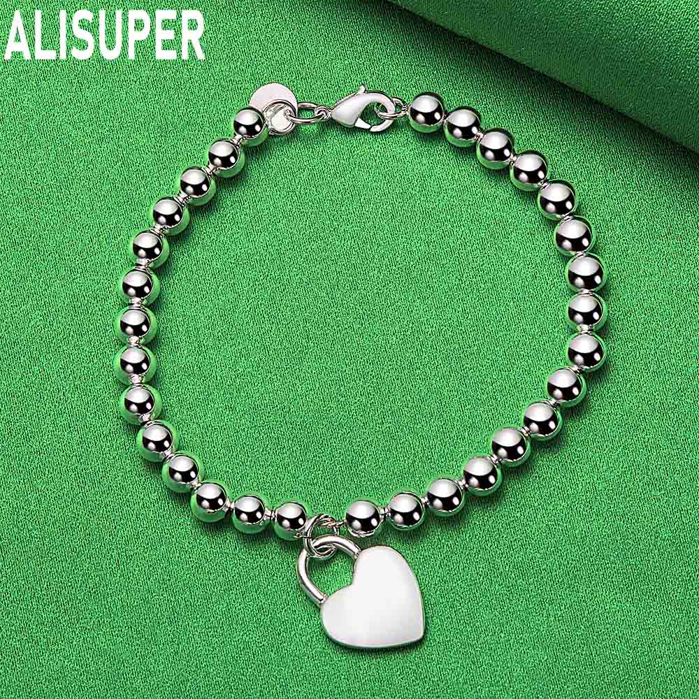 925 Sterling Silver 6mm Side Chain Heart Pendant Bracelet Gift Jewelry