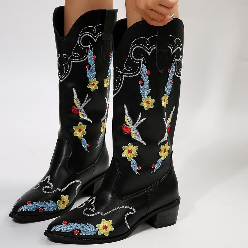 Women's Tall Riding Boots Autumn and Winter New Mid-Heel Martin Boots Women's Pointed Embroidered Boots