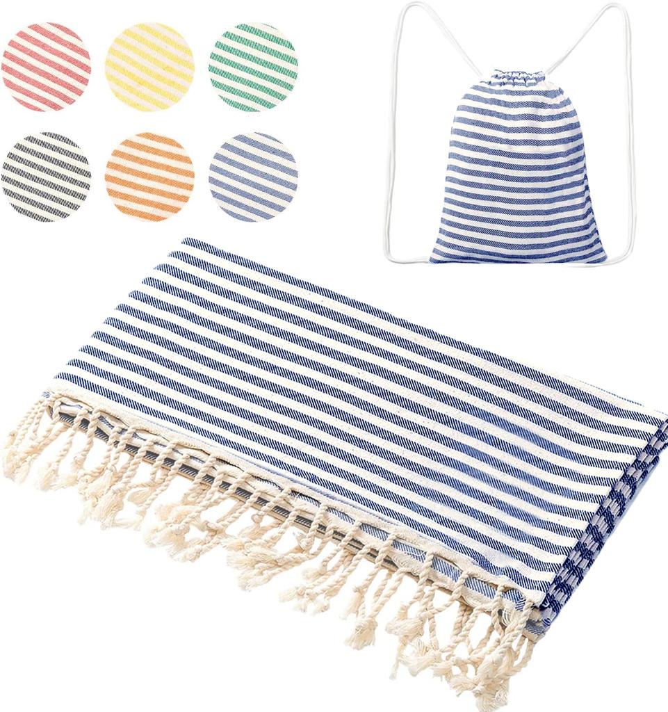 High Quality Custom Cotton Tassel Turkish Hammam Stripe Fouta Beach Towels Bag Printed Summer Use for Bath or Swim