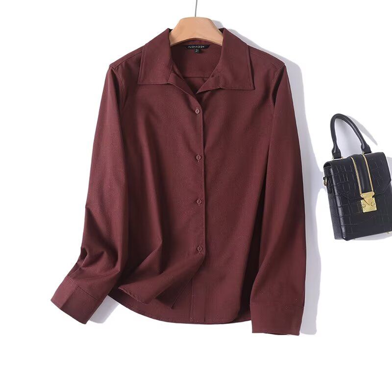 

MD Women clothes French style High-Grade Sense Old Money Wind Relaxed Light Solid Linen Long sleeve Shirts Female 05120530250 Reddish Brown L