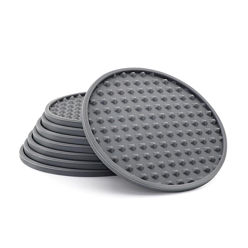Set aus 6 Silikon-Untersetzern für Getränke, beidseitig, runde Tassenunterlage mit Halterständer, Glasgreifer-Pads mit tiefen Rillen