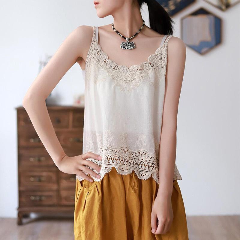 

Literary and fresh hook-up hollow vest women s retro outer wear suspender base embroidered lace hollow top one size fits all