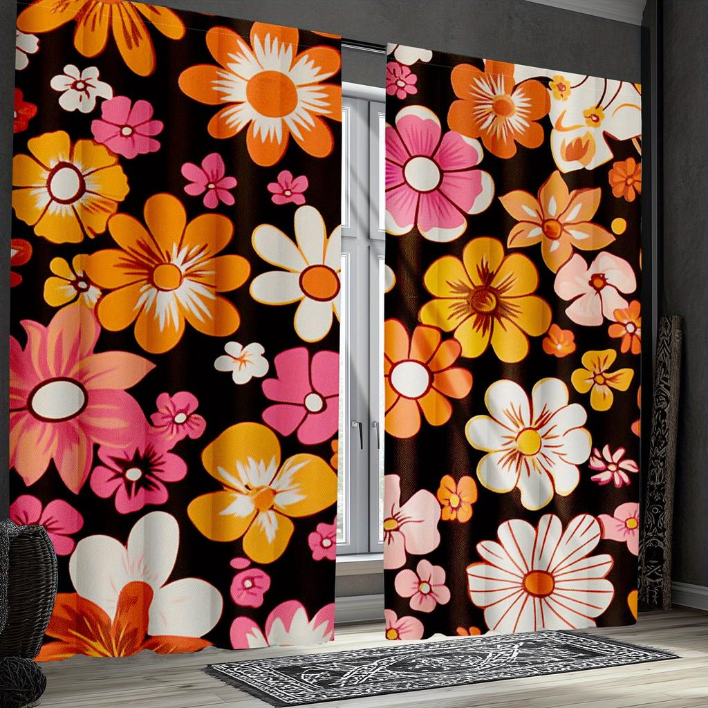 Boho Retro Flower Window Treatments Vintage Floral Design Bedroom Kitchen Groovy Aesthetic Curtains Set Of 2 Made Polyester Decor