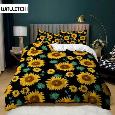 Sunflower Duvet Cover Set King Queen Size Girly Yellow Floral Print Comforter Cover Microfiber Flowers Pattern Twin Bedding Set