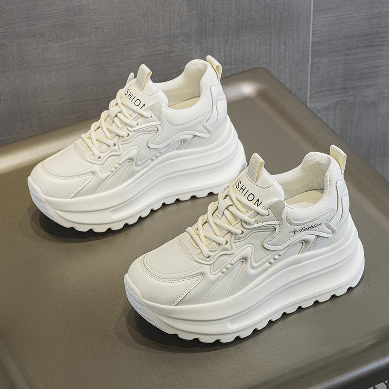 100% Genuine Leather Shoes Women Fashion Sneakers Flat Platform Height Increasing Shoes 7cm Brand Ladies Casual Shoes Black Beige