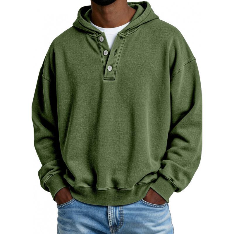 2025 European & American Men's Solid Color Hooded Sweatshirt - Three-Button, Loose Fit, Long Sleeve Jacket for Spring & Autumn