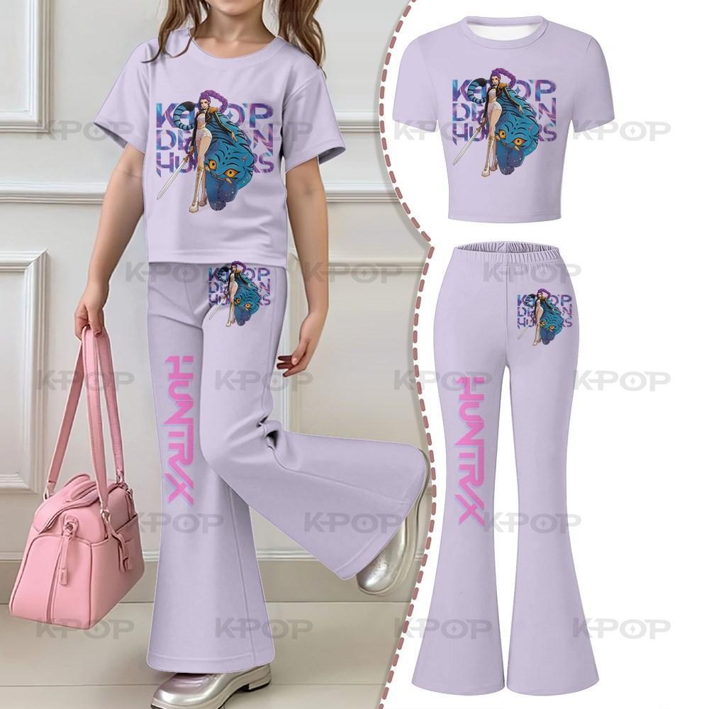 2026 Children's Kpop Hunter Short Sleeve Set Girls' New Style, Regular Short Sleeve Top and Bell Bottom Pants Two Piece Set