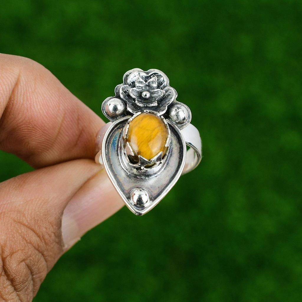 Natural Tiger'S Eye 925 Silver Stackable Flower Adjustable Ring For Women