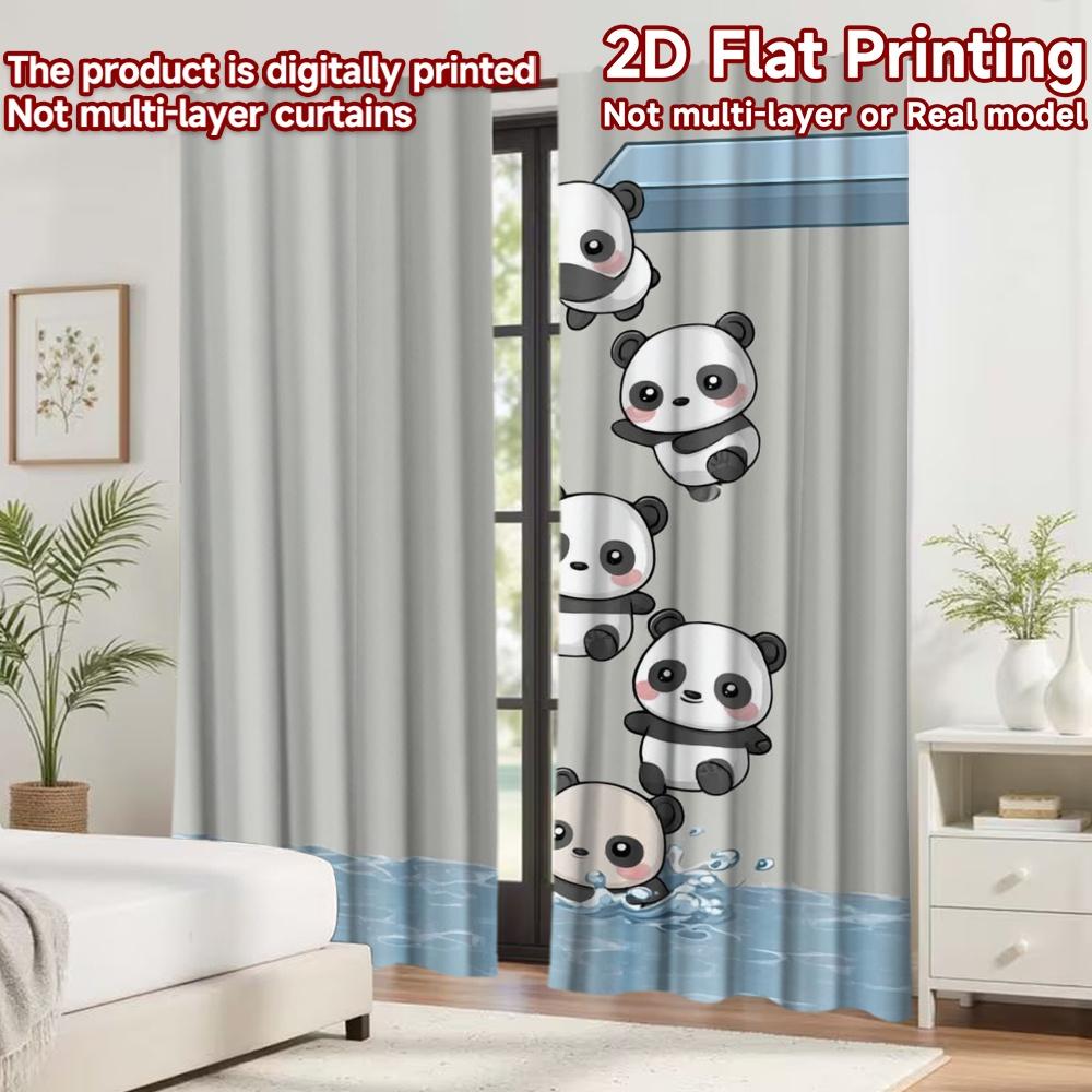 2D flat printing 2pcs Curtain Window Treatment Curtains Cute Pandas Diving Playfully Digital Printed Polyester Drapes Party