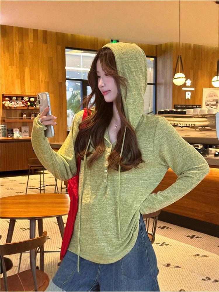Korean-Style V-Neck Hooded T-Shirt for Women - Casual Loose Fit, Half-Buttoned, Early Autumn Top
