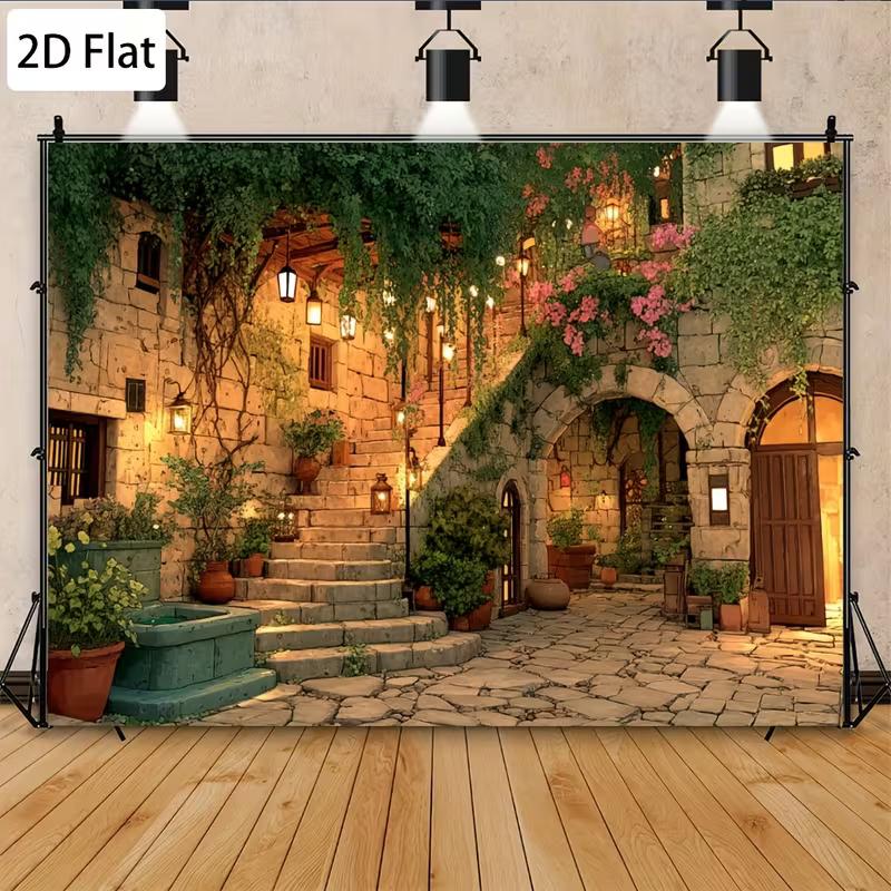 2D Cozy Stone Courtyard Photography Backdrop Mediterranean Background