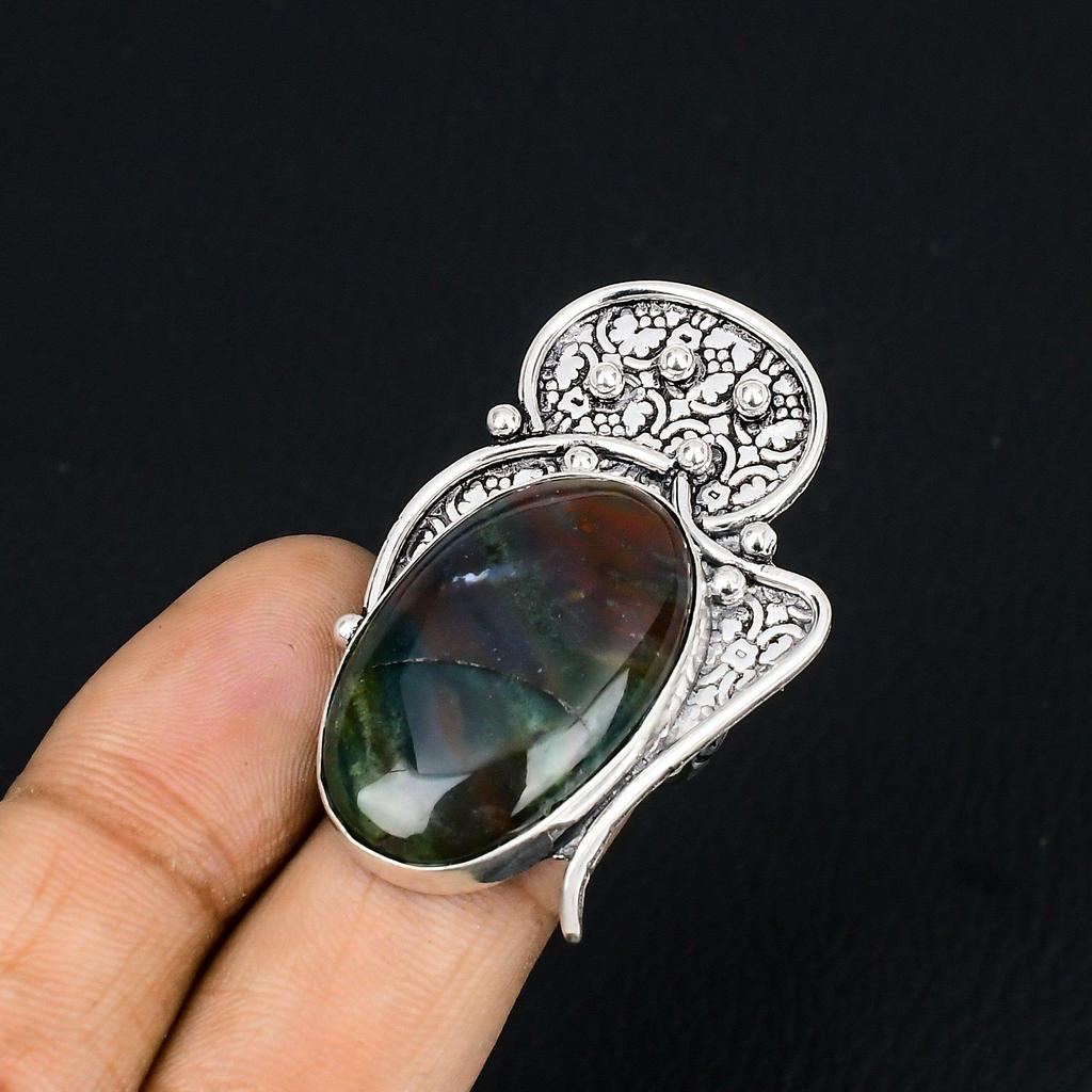 Bloodstone Stone Sterling Silver Solitaire Statement March Ring Jewelry US 6.5