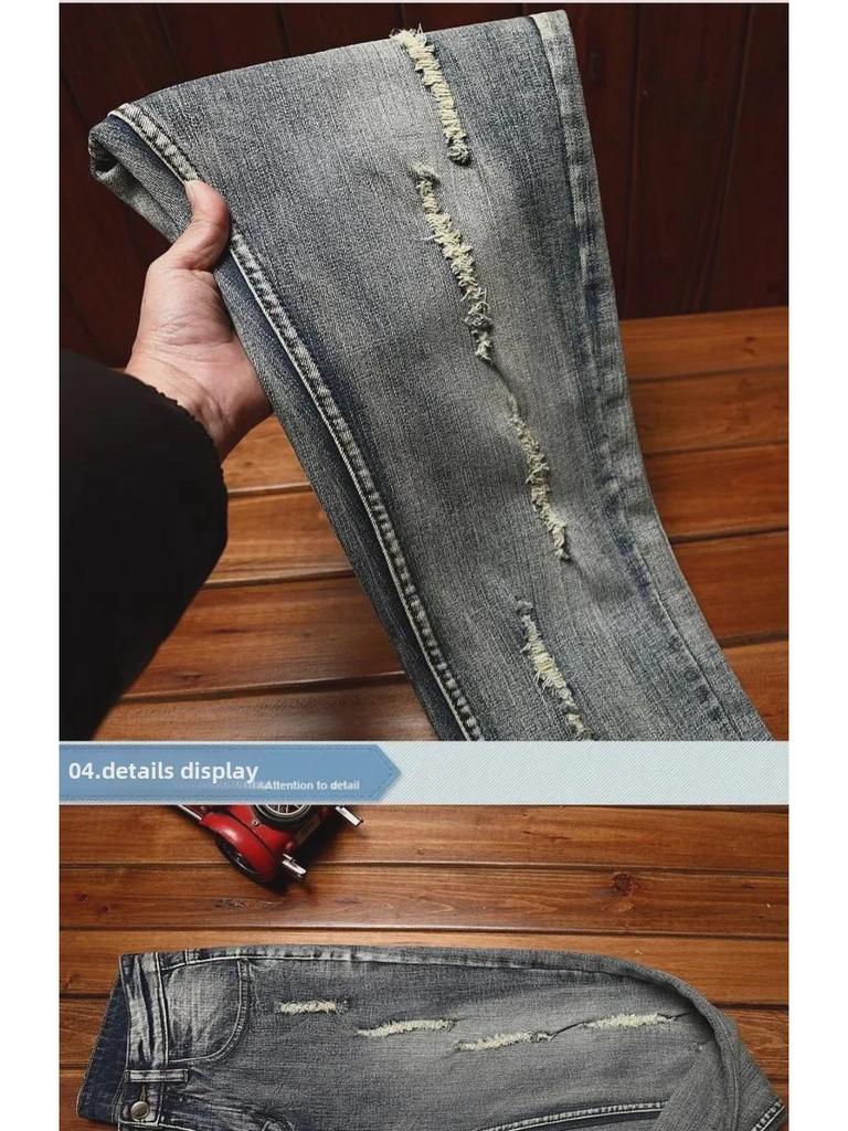 Men's Trendy Elastic Slim Fit Ripped Embroidered Jeans for Spring and Autumn High-Street Style