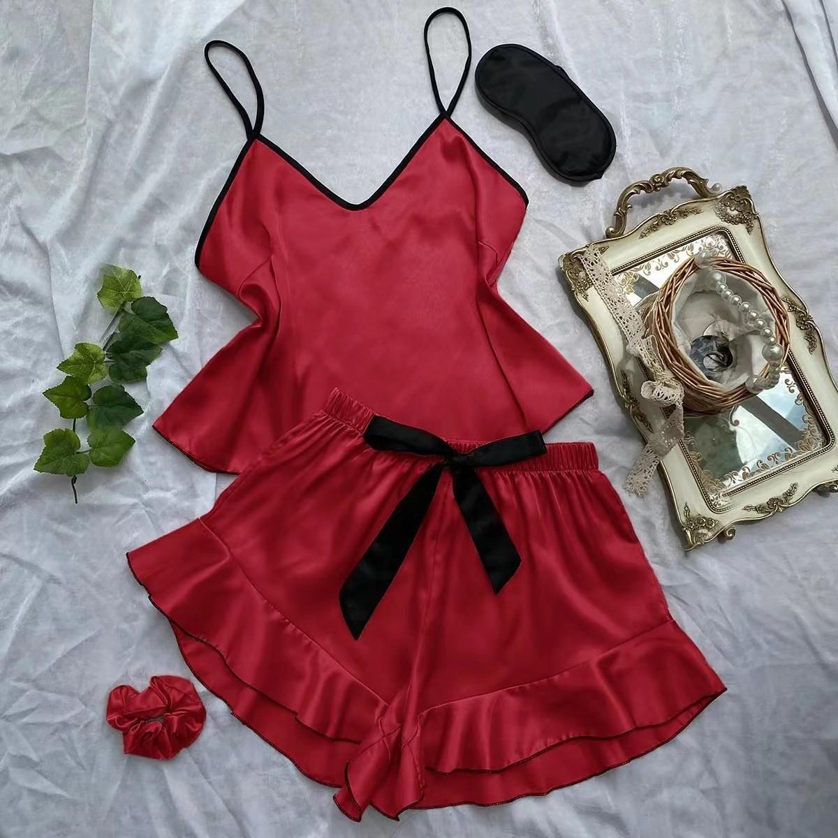 Women s Summer Ice Silk Lingerie Set - Sexy Camisole & Shorts Pajamas Large красный