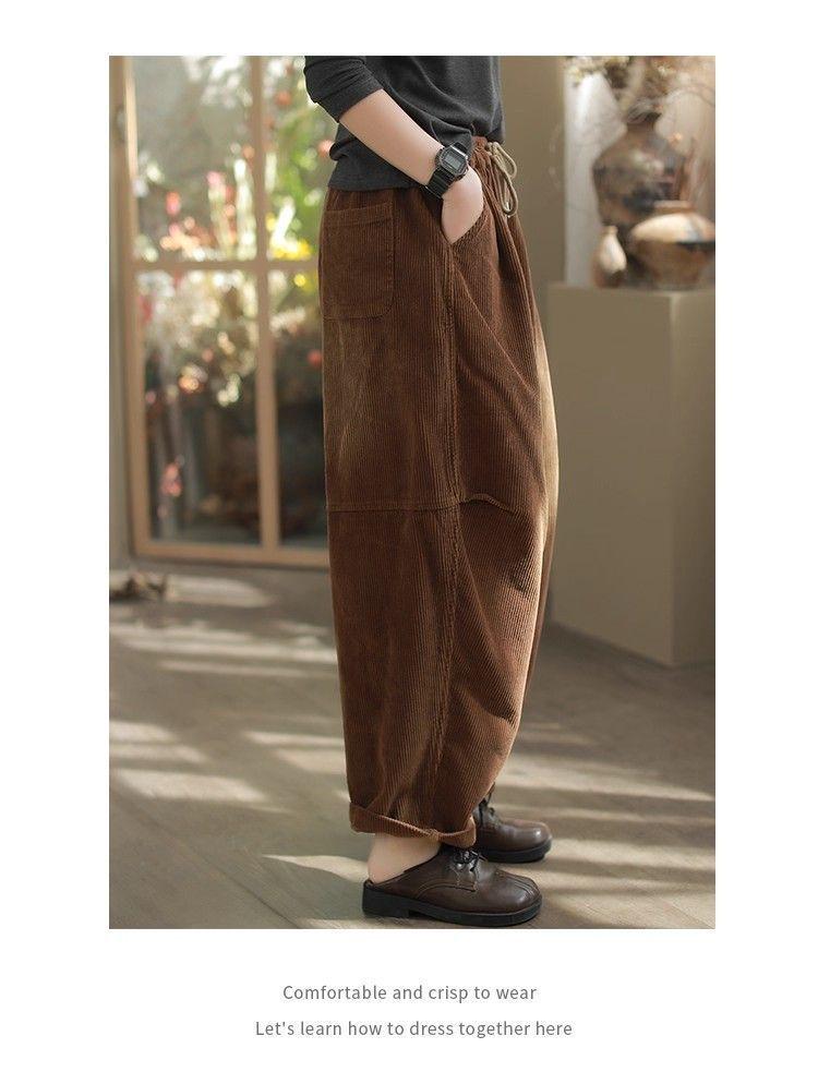 Women's Retro Corduroy Harem Pants - Elastic Waist, Lace-up, Patchwork, Plus Velvet, Thickened for Spring/Autumn