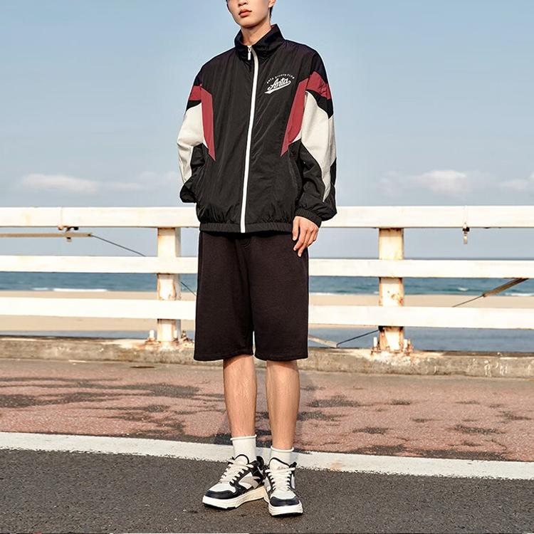 Anta Life Series Spliced Letter Zipper Stand Collar Baseball Jacket Unisex Jackets Basic-Black 152338601-3