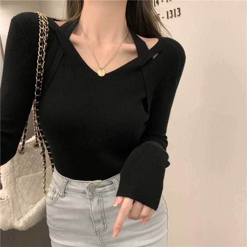 Dámské podzimní pletený svetr svetr nepravidelný výstřih do V dlouhý rukáv tenký tenký spodek elegantní jednobarevné