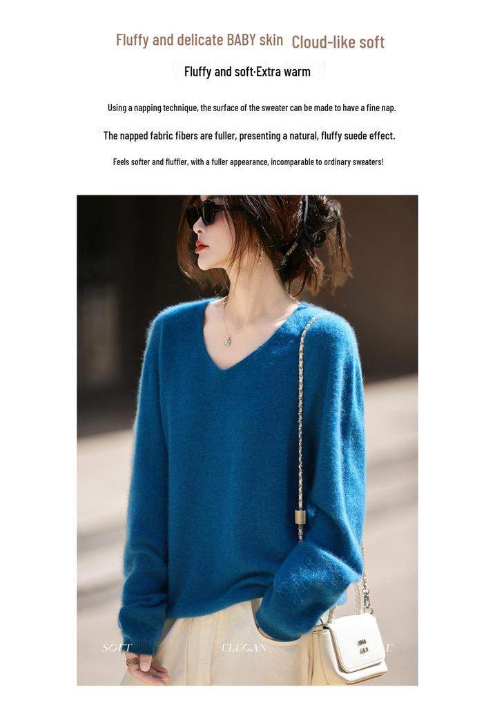 Women's V-neck Cashmere Wool Blend Long Sleeve Knit Pullover Sweater