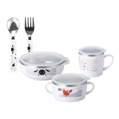 Stainlock Alps Farm Friends 4-teiliges Babygeschirr-Set, verschiedene Farben, Tasse + Schüssel + Babyschale + Löffelgabel, beliebte koreanische Elternartikel
