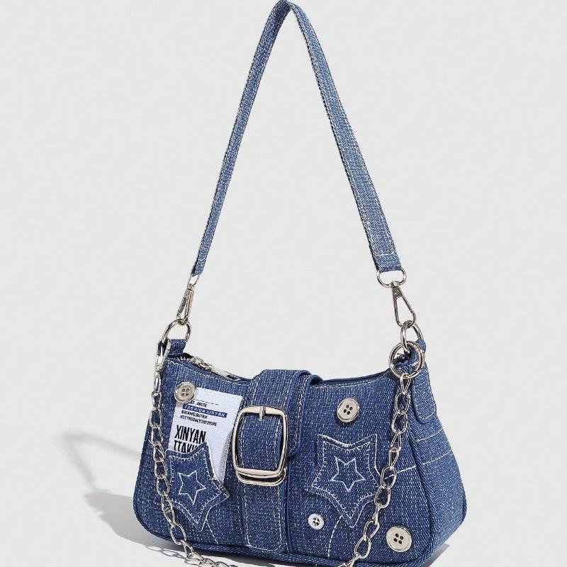 Hot Girl Denim Motorcycle-Style Shoulder Bag: Small, Versatile, Large Capacity Handbag for Women